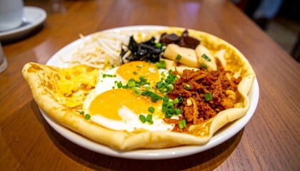 A close-up shot of a plate with eggs, vegetables, and other ingredients on a wooden table.