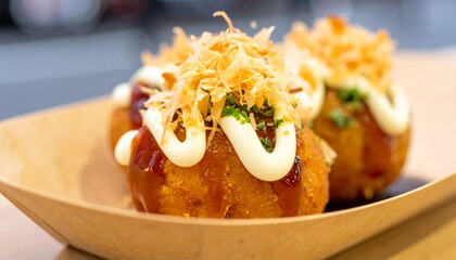 Three takoyaki balls on a cardboard tray, topped with sauce, mayonnaise, and dried bonito flakes.