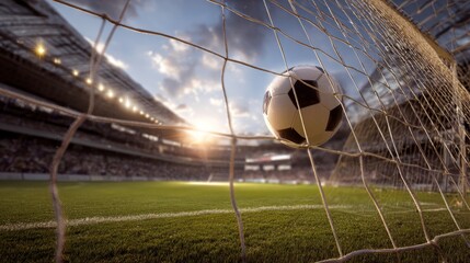 A soccer ball strikes the goal net in a vast stadium, showing the wide open field and the full match scene.