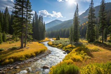 Mountain river and autumn forest in Altai Republic, Siberia, Russia