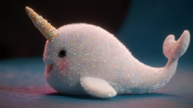 A sparkly, plush narwhal with a golden, gem-covered tusk, rosy cheeks, and a smiling red mouth. It rests on a blue surface