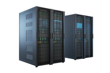 Two server racks data center equipment isolated on white background