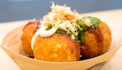 Close-up view of golden-brown takoyaki balls, garnished with toppings, served in a wooden container.