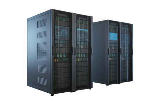 Two server racks data center equipment isolated on white background