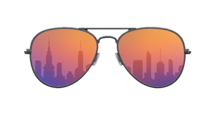Aviator sunglasses reflecting a vibrant city skyline at sunset