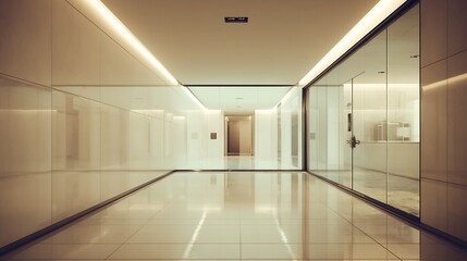 Fototapeta premium Illuminated Modern Architectural Corridor with Gleaming Surfaces and Glass Partitioned Spaces