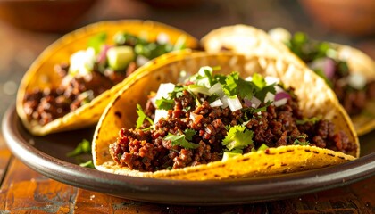 Delicious and authentic Mexican street tacos with savory ground meat, fresh cilantro, and onion served on a rustic plate