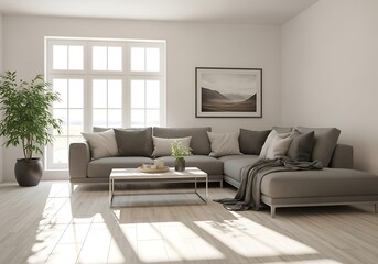 A modern living room with a large sectional sofa, coffee table, and a potted plant, illuminated by natural light from a large window