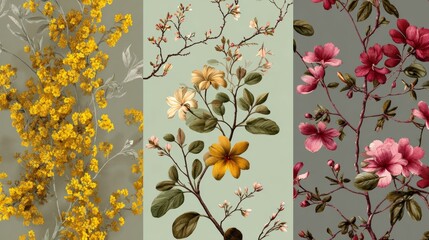 Hand-drawn spring botanical art with flowers, branches, and leaves, perfect for fabric design, covers, wallpapers, or artistic prints.