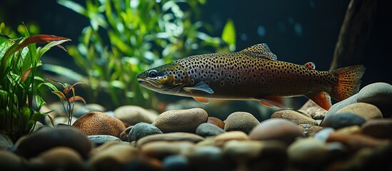 Brown trout in an aquarium with aquatic plants and stones.