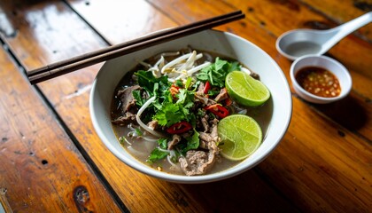 A savory bowl of traditional Vietnamese beef pho noodle soup, garnished with fresh herbs and lime on a rustic wooden street stall table