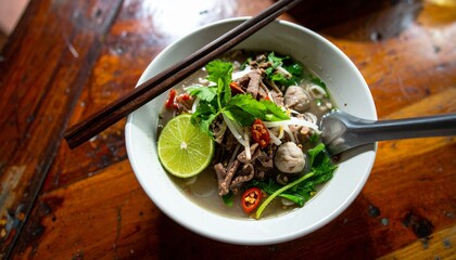 A steaming bowl of authentic Asian beef noodle soup with fresh herbs and a lime wedge, served on a rustic wooden table at a street food stall