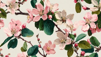 Hand-drawn spring botanical art with flowers, branches, and leaves, perfect for fabric design, covers, wallpapers, or artistic prints.