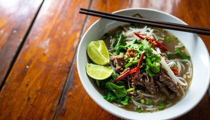 A close-up shot of a bowl of Asian noodle soup with chopsticks.