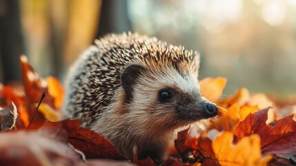 Fototapeta premium Close-up of a hedgehog nestled amongst autumn leaves.
