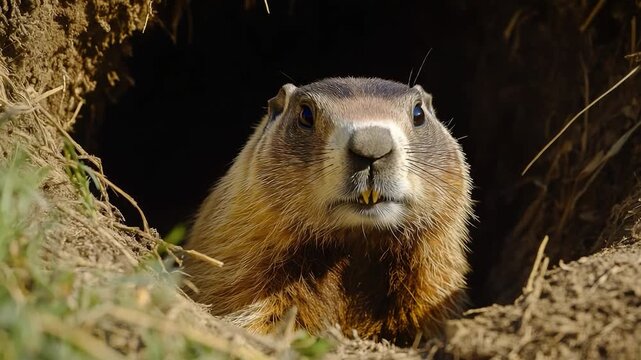 A groundhog looks out of its burrow, possibly checking for signs of spring
