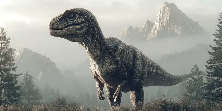 Afrovenator prehistoric animal in a lush landscape with towering mountains