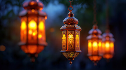 Obraz premium Traditional Muslim lamps with tasbih on rich dark background
