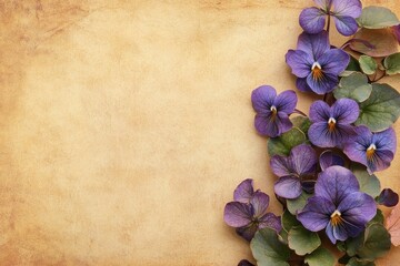 Violet flowers with green leaves on an old paper texture background. Perfect for spring cards, invitations or other floral designs.