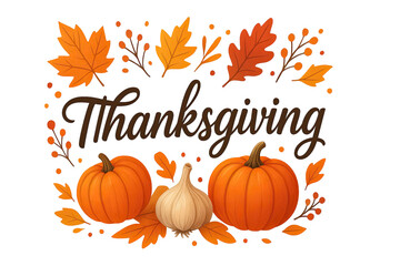 Festive Thanksgiving holiday design with pumpkins autumn leaves harvest celebration seasonal decoration rustic greeting card illustration isolated on white background