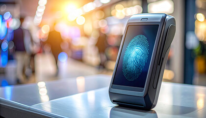 A sleek modern biometric terminal for secure access, featuring advanced fingerprint scanning, smart design, and high-tech efficiency for offices.
