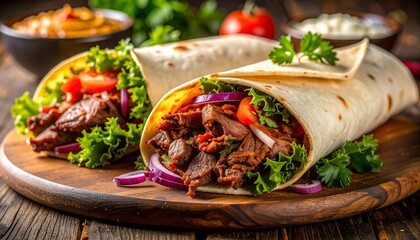 Two delicious grilled beef burritos packed with fresh lettuce, tomatoes, and onions, served on a rustic wooden platter
