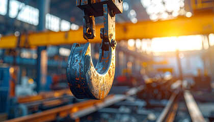 Industrial Hook Lifting Heavy Objects: A close-up shot captures a heavy industrial hook, suspended amidst the robust construction of a manufacturing plant, illuminated by the sun.