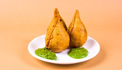 Two golden crispy Indian samosas, a popular savory snack, served with fresh green mint chutney on a white plate