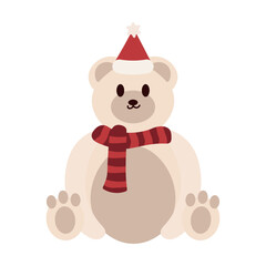 Bear wearing a scarf and Christmas hat. Great for gifts, stationery, and Christmas decorations. Vector illustration isolated on a white background.