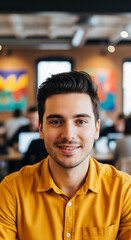Close-up of a smiling adult male with dark hair and a mustard-yellow shirt, suggesting confidence and approachability, ideal for a professional profile