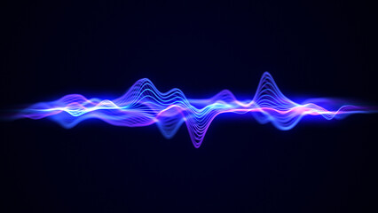 Abstract neon background of glowing sound waves. Purple and blue neon audio waves, noise frequency, and waveform. Music track and voice recording, audio spectrum. Sound background. 