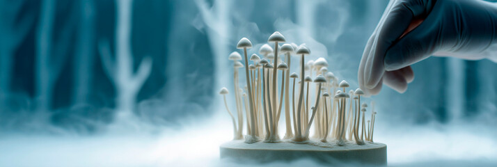 Gloved hand carefully touches cluster of white mushrooms growing in sterile misty environment with surreal forest background