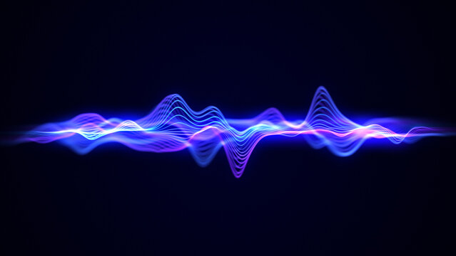 Abstract neon background of glowing sound waves. Purple and blue neon audio waves, noise frequency, and waveform. Music track and voice recording, audio spectrum. Sound background. 