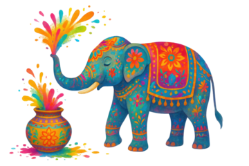 Decorated elephant with floral patterns spraying colorful paint splash from trunk with festive pot celebrating traditional holi festival isolated on white background