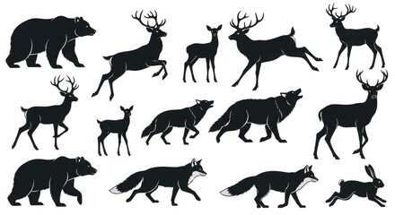 Vector animals silhouette set bear deer wolf fox rabbit wildlife nature design graphic illustration art