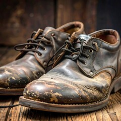 Worn leather work shoes on a wooden surface