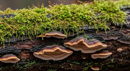 Discover the beauty of bracket fungi and vibrant moss growing on a decaying log in a lush forest, showcasing nature's intricate details and textures
