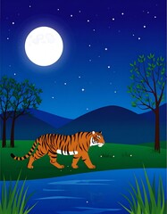 Tiger by a river at night