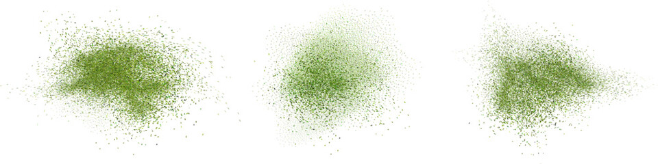 Set of isolated green matcha tea dust and powder splashes with mint spray effect, top view on white background.