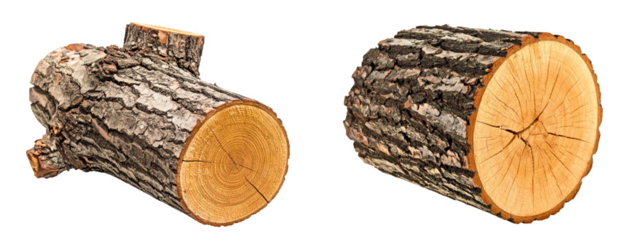 Detailed Close-up of Cut Wood Log Sections Displaying Brown and Tan Tones with Detailed Bark Texture and Visible Grain Isolated on a Clean Background