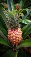 Obraz premium Close-up shot of a ripe pineapple amidst green leaves. Bright, fresh, tropical vibe