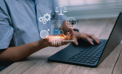 Business technology concept digital holding law icons legal compliance, regulation, global management digital signature, data protection, e-contract document verification corporate governance system