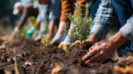 Tree planting event, green teamwork, hands in soil, eco care, sustainable habits, community effort for nature’s future 