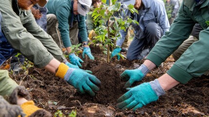 Tree planting event, green teamwork, hands in soil, eco care, sustainable habits, community effort for nature’s future 