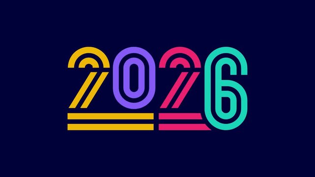 Happy New Year 2026 colorful retro line typography animation colorful lining style 2026 logo animation celebration motion graphics for 2026 party or festival	