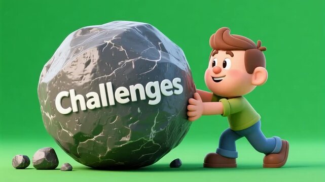 Cartoon character pushing giant boulder labeled &ldquo;Challenges,&rdquo; slow progress but smiling proudly, green screen.