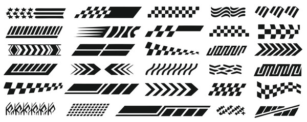 Racing cars and race car stripes set, checkered flag, finish line, motocross labels, dynamic lines, motorsport, racing stripe speed
