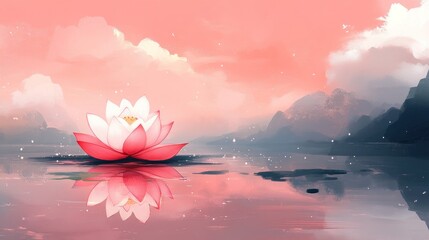 Serene lotus flower on calm water, peaceful mountain landscape at sunrise.