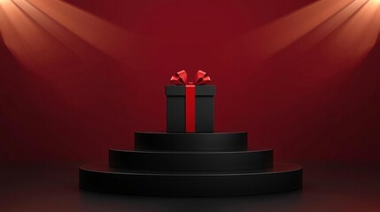 Elegant Black Friday Podium with Gift Box and Red Bow Mockup on Dark Background