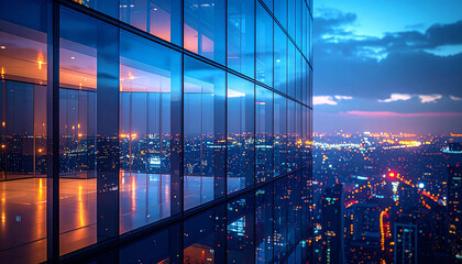 Cityscape Reflection: A modern skyscraper stands tall, its reflective glass facade mirroring the vibrant cityscape at twilight, creating a captivating interplay of light and urban panorama.